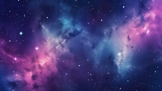 Spacey seamless backdrop texture in the cosmos. Space wallpaper or background with tileable deep royal blue stars and nebula in the night sky. Astrological or astronomical design with a high degree.