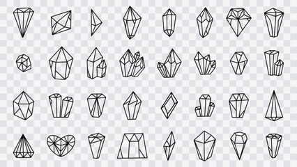 Jewel quartz crystal thin line icon set. Outline sign of treasure gem. Mineral linear icons includes ruby, sapphire topaz, emerald. Simple amethyst crystal symbol isolated. Diamond vector Illustration