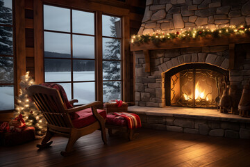 Christmas Haven: A serene lakeside cabin interior with large picture windows showcasing a snowy lakeside view, a traditional stone fireplace, and understated Christmas decor.