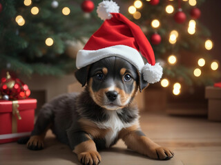Puppy wearing christmas hat