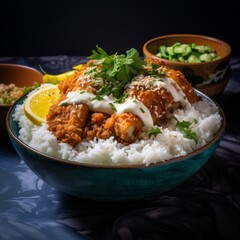 Fried chicken with sauce on a plate with rice