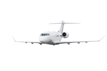 Modern white executive jet plane flying isolated