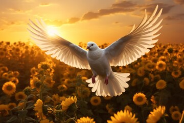 A dove flying above a field of sunflowers, both strong symbols of Ukraine. - - obrazy, fototapety, plakaty
