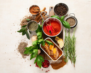 Colourful various herbs and spices for cooking.