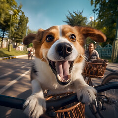 Adorable Dog Sitting in Bicycle Carriage,dog on a bike ride, dog on a bike tour, dog on a bike vacation