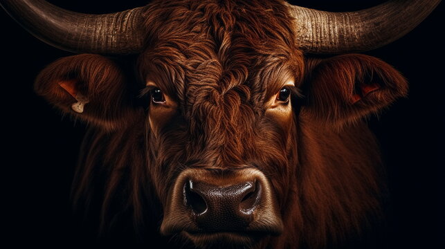 Portrait of a brown cow with big horns on a black background