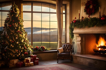  Villa Christmas: A Tuscan villa interior with large windows overlooking vineyards, a rustic fireplace, and Italian - inspired Christmas decorations.