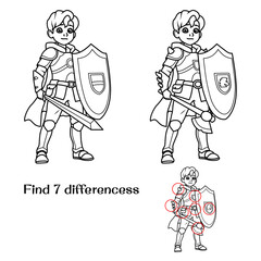 Knight with shield and sword. Find 7 differences. Tasks for children. vector illustration