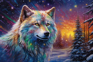 colorful wolf in a magical winter forest with snow, beautiful art, mythical creature