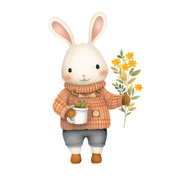 Cute Rabbit watering flower,watercolor style,Autumn season.Created with Generative AI technology.
