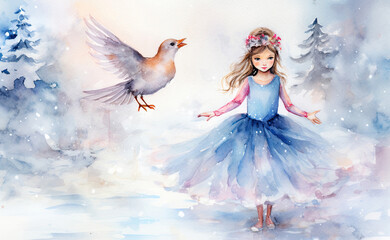 A painting of a little girl dressed as a ballerina with bird. Winter concept