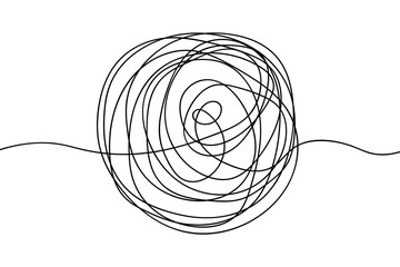 Abstract tangled texture. Sketch. A ball of thread from start to finish. Vector illustration. A hand-drawn spherical object made from doodles. Outline on isolated background. Idea for web design.