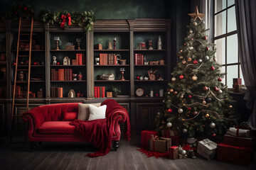Vintage Christmas Greeting: A vintage - inspired Christmas room with antique decorations.  Showcase the timeless allure of the season and leave space for copy additions.