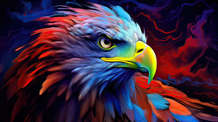 Fototapeta premium Eagle, majestically silhouetted with neon-hued feathers, abstract digital art on a deep blue canvas. AI generative