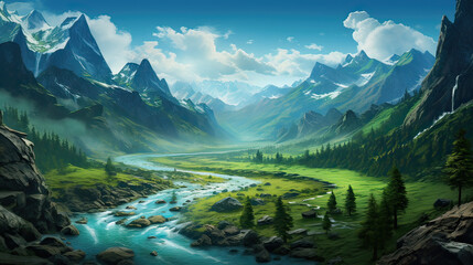 Emerald valley; rivers of honey and mountains cradling dreams.  AI generative