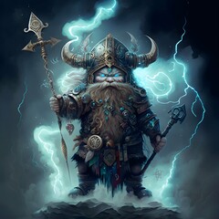 dwarf warrior holding trident lightning patterns and glyphs in background dreamlike surreal intricate details dynamic 