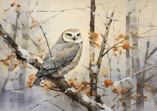 Snowy Owl in a Snow Forest Oil Painting artwork, wall art, illustration, High resolution, Printable