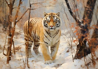 Obraz premium Tiger in the woodlands snowy forest, oil painting, artwork, landscape, wall art