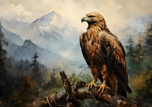 Golden Eagle in a Snow Forest Oil Painting artwork, wall art, illustration