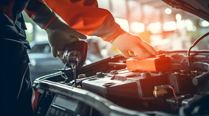 Car mechanic checking the battery and doing maintenance check - obrazy, fototapety, plakaty