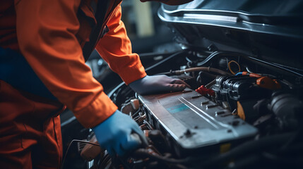 Car mechanic doing electric battery maintenance check - obrazy, fototapety, plakaty