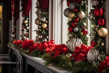  Classic Elegance Greeting: A close - up view of a classic hallway adorned with evergreen garlands, red velvet ribbons, and glistening ornaments. Capture the timeless beauty of Christmas.