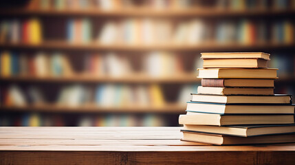 Stack of books on wooden table and blurred bookshelf in library room, education, back to school  ,artwork graphic design illustration.
