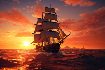 Fototapeta premium Beautiful sailboat on the sea at sunset, illustration generative AI