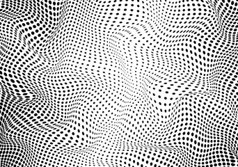 Monochrome spotted effect pattern. Halftone texture. Abstract optical background. Half tone texture with dots. Black white banner. Futuristic pop art print. Vector illustration.