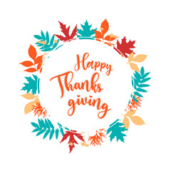 Autumn happy thanksgiving circle background with falling autumn leaves. Vector illustration