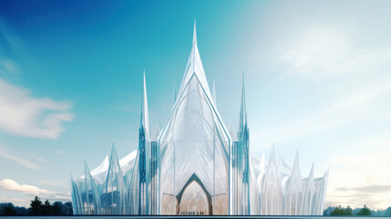 Christian architecture. Futuristic white church with a beautiful blue sky. 