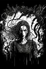 a black and white vector portrait drawing of a female zombie in a Lovecraftian environment tentacles black background drips high contrast 