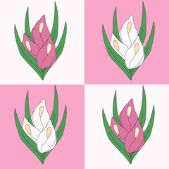 Design Floral t-shirt print in retro Style on white backdrop. Vintage summer calla lilies Flowers seamless background. Design textile, fabric printing. Vector illustration.