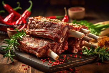 A stack of Lamb Ribs meat with smoke and pepper on the side ready to eat