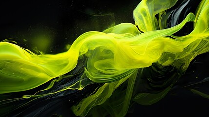 Beautiful abstraction of liquid paints black & neon yellow background.