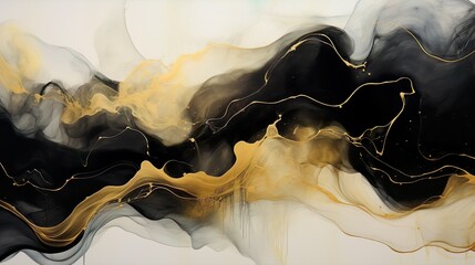 Beautiful abstraction of liquid wall paints black, golden & white background.