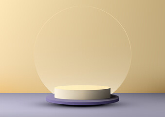 Modern Minimalist 3D Product Display. Yellow Color Podium Stand on Purple Background. Vector Illustrator Mockup Showcasing Contemporary Design