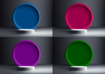 3D realistic modern style empty white podium stand with bright colors circle backdrop on gray background