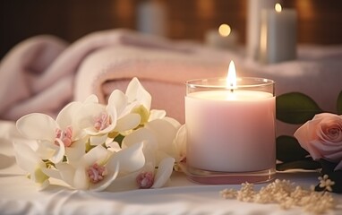 relax spa background in soft lighting Candles, orchids , petal, aromatherapy, soft candle light, cozy meditation