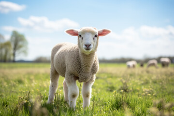 A Sheep Standing In The Middle Of A Field Of Grass