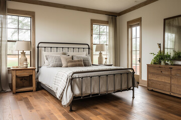 Farmhousestyle Guest Room With Wrought Iron Bed And Rustic Decor Modern Farmhouse Interior Design