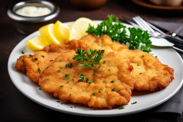 German Schnitzel On A White Plate