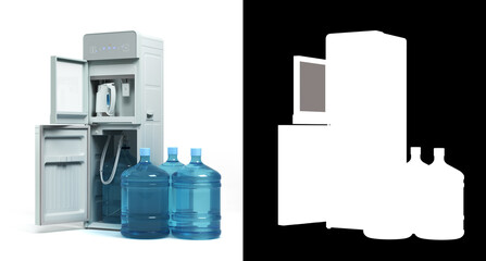 Modrn open water cooler machine with whater bottels perspective view 3d render on white with alpha