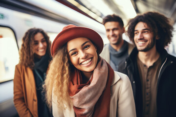 Group of friends have fun in underground station
