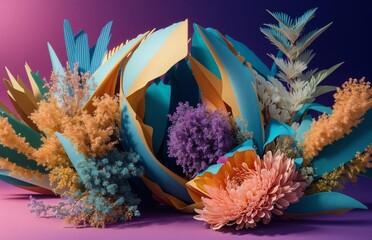 Studio photoshoot scene with Australian flora composition made of violet, yellow, orange and purple flowers