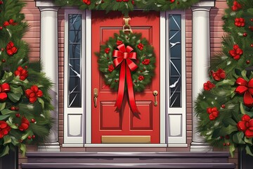Fototapeta premium festive holiday wreath ornaments, hanging front door to welcome,Generated with AI