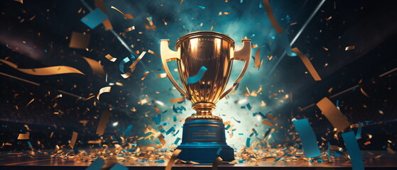 Trophy cup. Gold first place winners trophy with falling confetti and streamers. Champion trophy, shiny golden cup falling confetti for sport award. Winner prize, champions. Generative ai