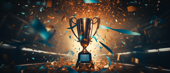 Trophy cup. Gold first place winners trophy with falling confetti and streamers. Champion trophy, shiny golden cup falling confetti for sport award. Winner prize, champions. Generative ai - obrazy, fototapety, plakaty