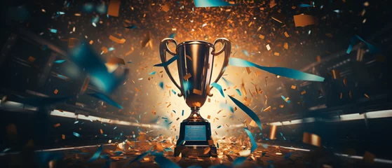 Fotobehang Trophy cup. Gold first place winners trophy with falling confetti and streamers. Champion trophy, shiny golden cup falling confetti for sport award. Winner prize, champions. Generative ai © Mickael