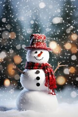 Christmas Snowman On Winter Background. Funny festive snowman in a hat. Merry christmas and a happy new year. Holiday banner and poster. Christmas poster and banner